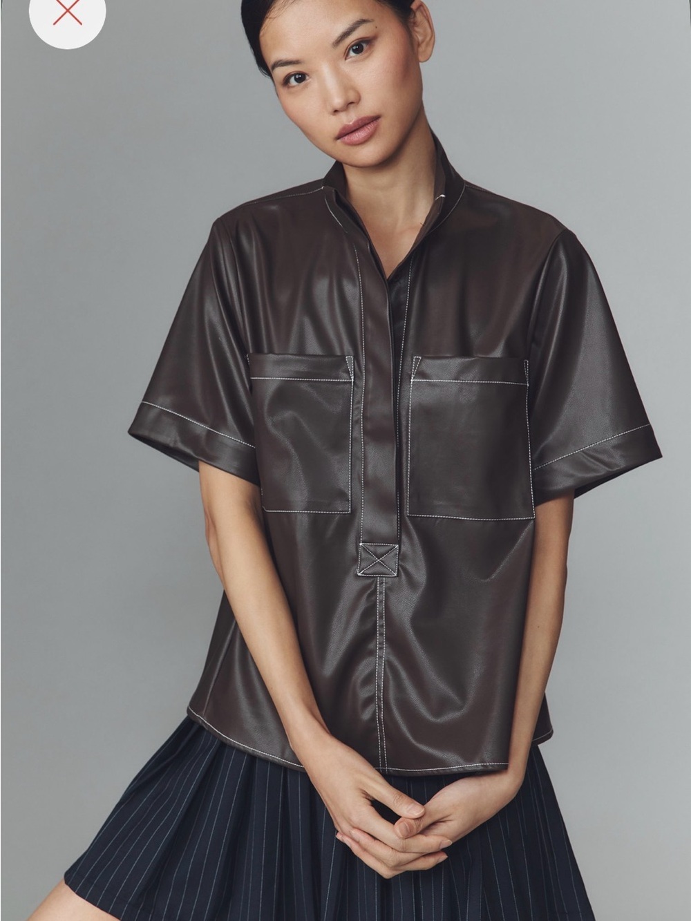 Anthropologie Short-Sleeve Faux Leather Shirt in Dark Brown